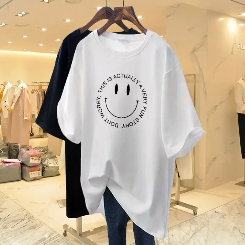Women\'s Fashion Loose Pure Cotton Smiling Face Short Sleeved T-shirt Summer New Fashion Versatile Basic Top Tees