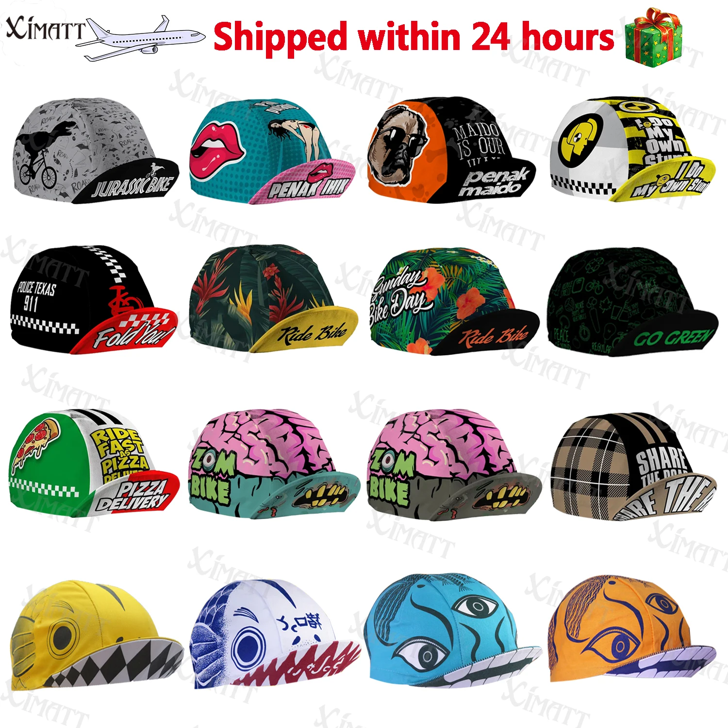 XIMATT Classic Retro Pizza Fish ze skrzydłami buldog nadruk kreskówkowy poliester rower damski czapki męskie szybkoschnący elastyczność