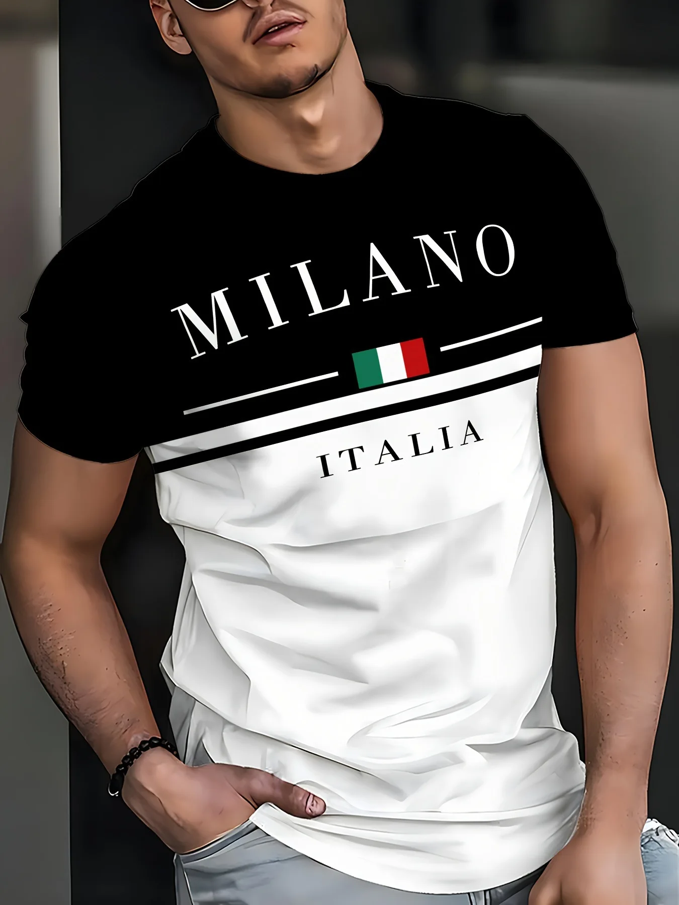 تي شيرت صيفي برسومات ثلاثية الأبعاد مطبوعة بعلم إيطالي، سريع الجفاف، مسامي، ملابس شارع غير رسمية عصرية بأكمام قصيرة للرجال