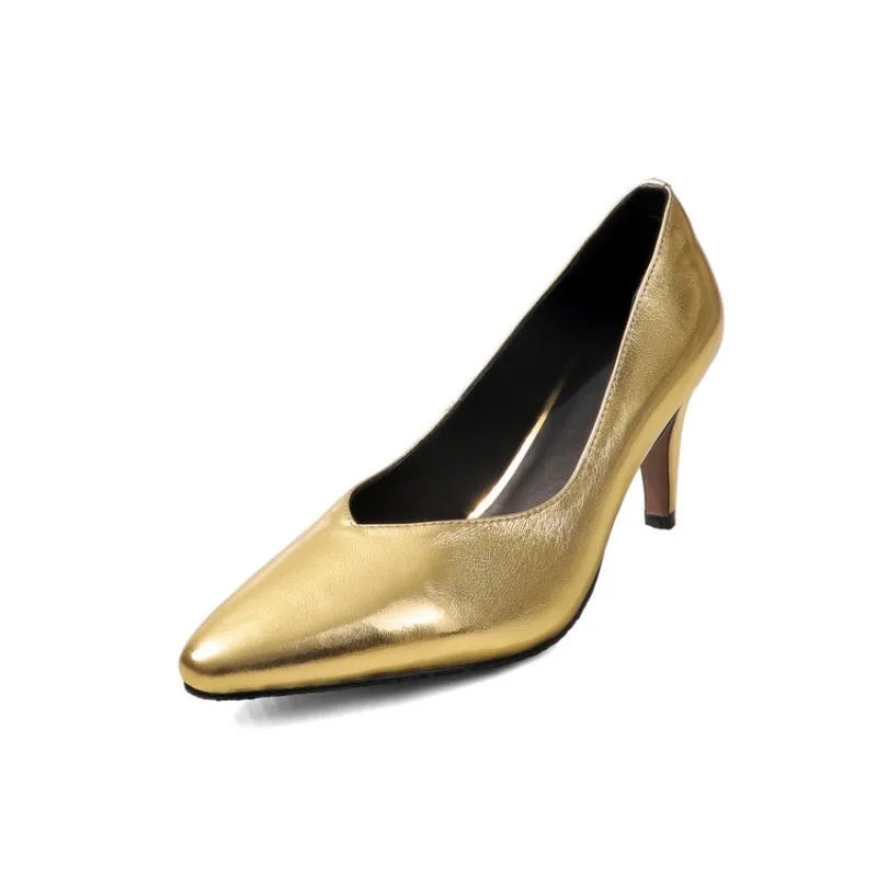 Genuine Leather French Style Pumps 7.5cm High Heels Lady Stiletto Low Heels Wedding Bridal Mteallic Silver Gold Sparkly OL Shoes