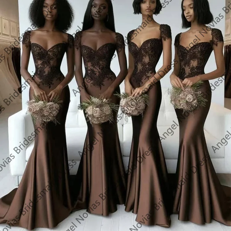 

Customized Cap Sleeves Long Mermaid Brown Bridesmaid Dresses Wedding Guest Maid Of Honor Dress Vestidos De Boda Para Fiestas