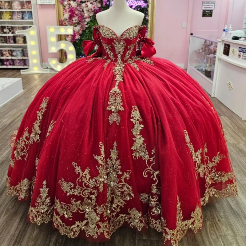 

Красное блестящее платье Quinceanera, бальное платье с открытыми плечами, аппликация, кружево, бисер, бант, корсет, тюль, вечерние, день рождения, сладкое платье 16, Vesti