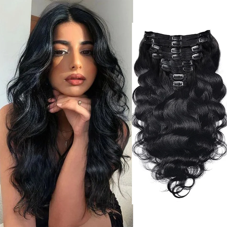 Extensions de cheveux humains bouclés noirs ondulés à clipser pour femmes, postiches naturelles, corps long, 03/Party, 22 po, 120g