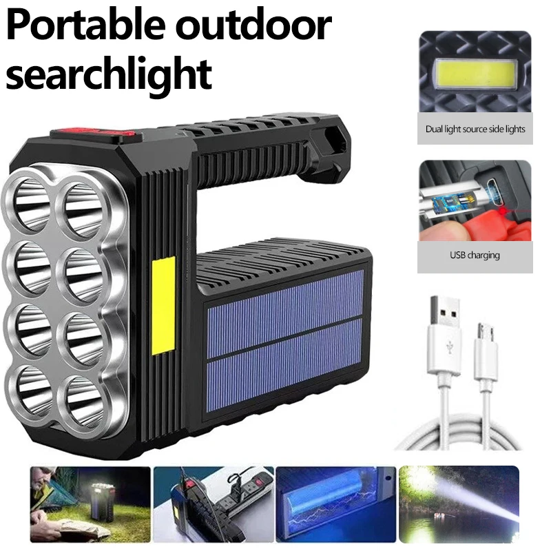 Solar Rechargeable Flashlight High Lumens 8LED Bulbs with COB Sidelight 4Mode Portable Waterproof for Outdoor Activity