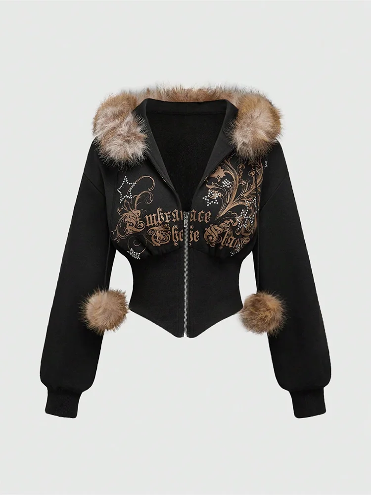 Winter Warm Gothic Print Hoodie Damen Kunstpelz Crop Top Zip-Up Sweatshirt Mode Y2K Streetwear Kapuzenjacke 2026 Neu