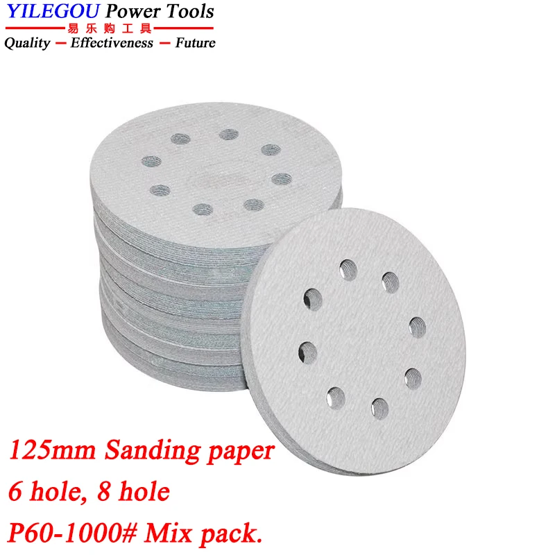 100Pcs 125mm White Sanding Paper 125 6 Hole 8 Hole Round Flocking Abrasive Paper + Grinding Disc. 5