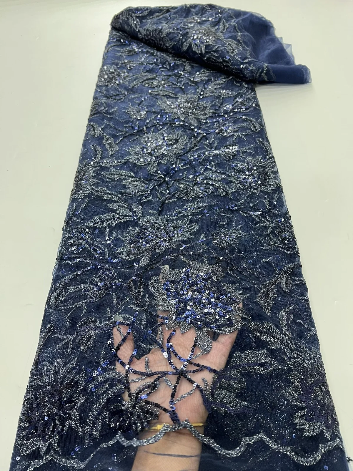 

New Style Navy Blue Sequins African Tulle Lace Fabric 2025 High Quality French Nigeria Lace Fabric For Women Party Dress KR25144