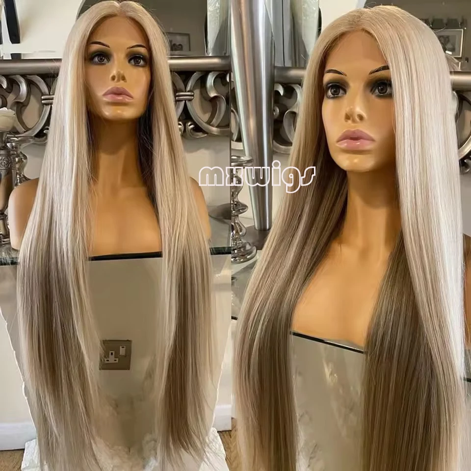 MXWIG Synthetic Hair Ash Blonde Straight Glueless  13X4 Lace Front Wig For Black Women Preplucked 26 