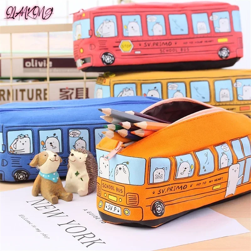 

Cartoon Bus Pencil Bag Canvas Large Capacity Car Zipper Pen Pencilcase for Student Stationery School Supplies