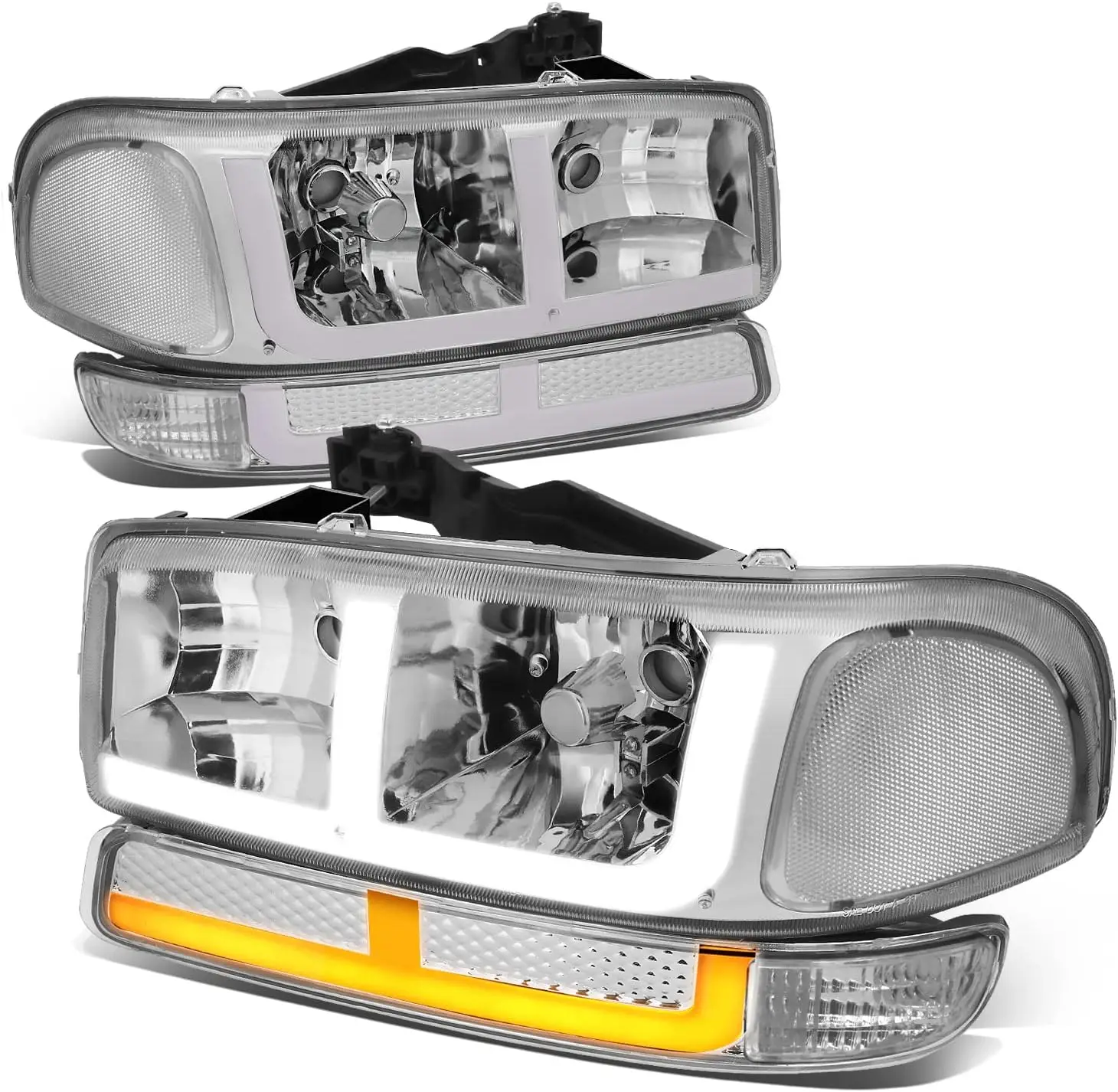 

4PCS Switchback LED DRL Headlights and Bumper Lamps Compatible with GMC Sierra Yukon XL 1500 2500 3500 99-07, Driver and Passeng