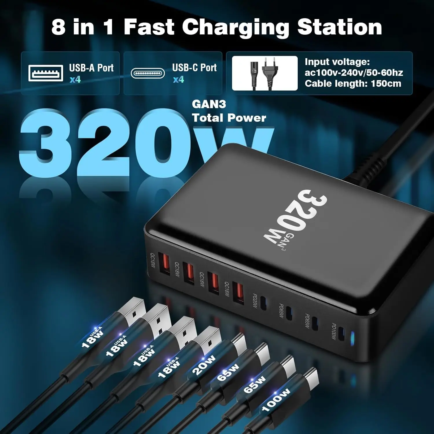 320W USB C Charger Multiple, 8 Ports USB Fast Charger with 4 USB-C and 4 USB-A Charger PD PPS 100W USB C