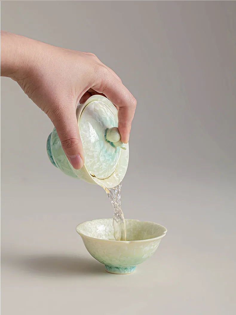 PYH gourd crystal gradual change green ice flower Sancai cover bowl teacup single high-grade tea anti-scalding hand