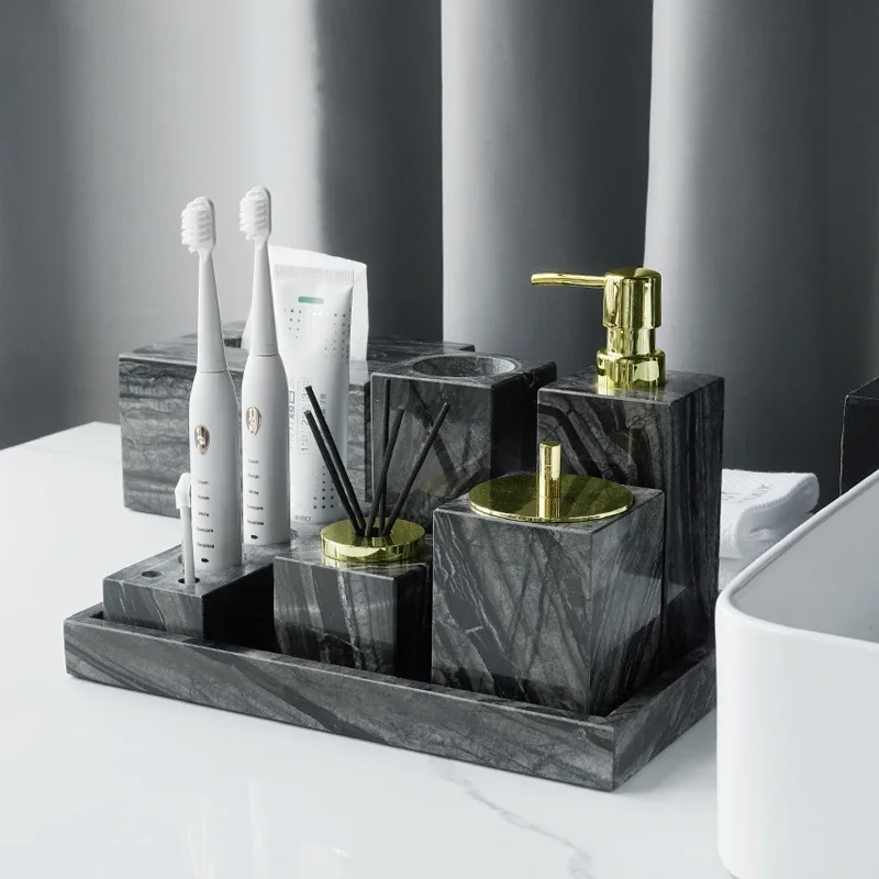 Tree Black Natural Marble Bathroom Accessories Luxury Golden Soap Dispenser Soap Dish Reed diffuser Vanity Tray Bathroom Set