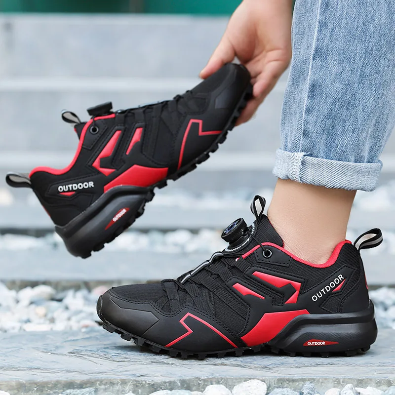 Lynjacye Quick Lace Knob Outdoor Walking Shoes for Men Women Black Red Color High Quality Trekking Shoes zapatos hombre