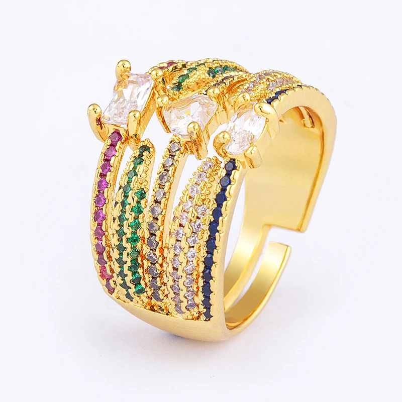 AIBEF Fashion Multi-Layered Finger Rings with Rainbow Zircon Wide Version Gold Color Rings for Women Party Jewelry 2022