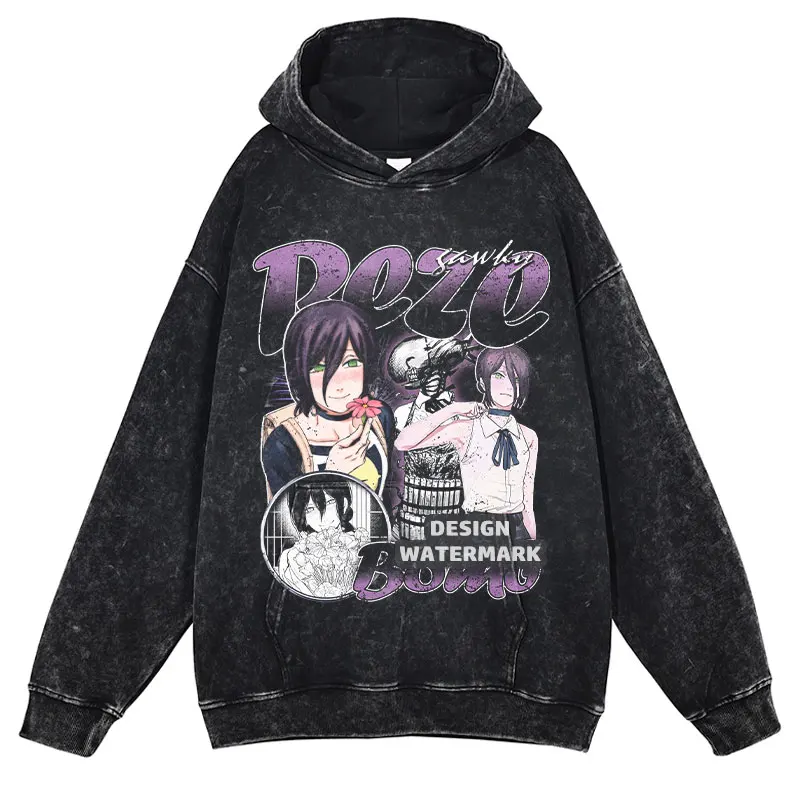 Bluzy Anime Chainsaw Man Denji Makima Aki Reze Nadruk Vintage Sprane Bluzy z Kapturem Oversize Męskie Bluzy Bawełniane