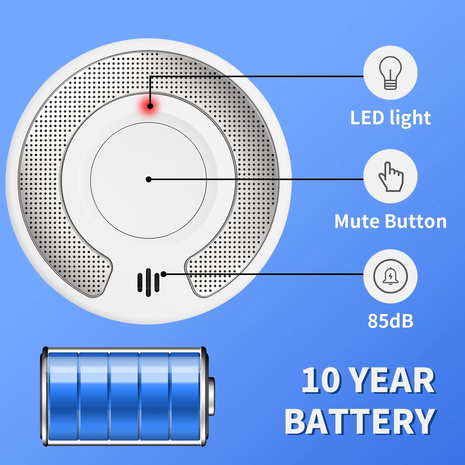 Vs03 كاشف دخان كهروضوئي للمنزل ، إنذار الحريق مع مؤشر led وزر الصمت ، بطارية 10 سنوات ، 85db