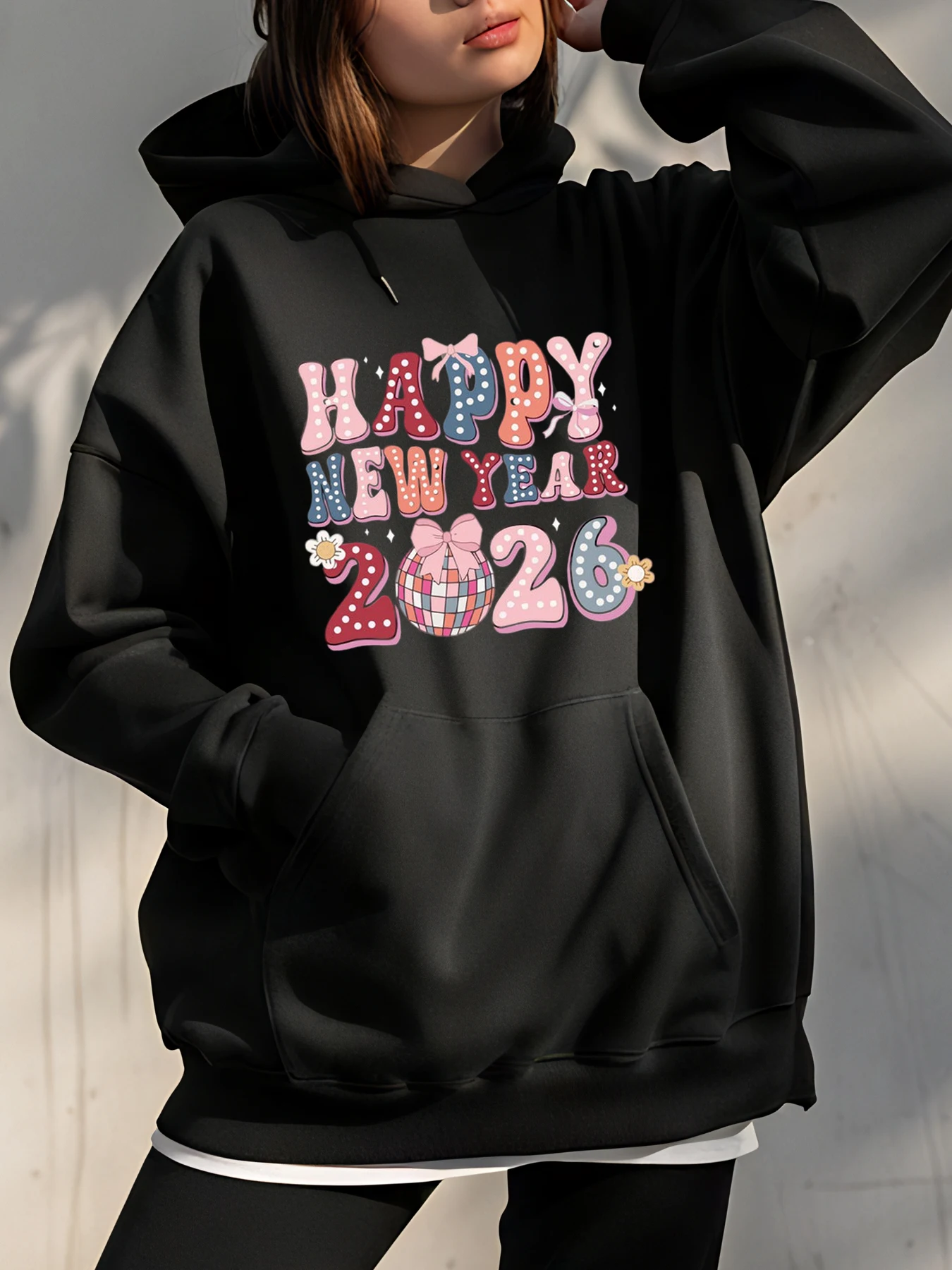 

С Новым годом 2026, толстовка с принтом, женская повседневная уличная одежда, модная толстовка, женская зимняя верхняя одежда, пуловер унисекс, топ