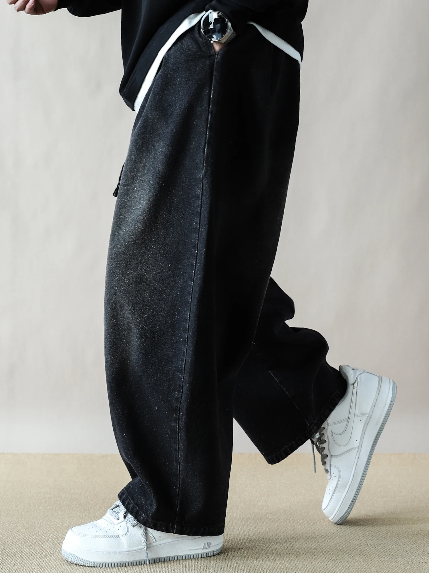 

Мужские повседневные брюки American Workwear: свободные, прямые, широкие штанины, хлопок, черные, весенняя новинка