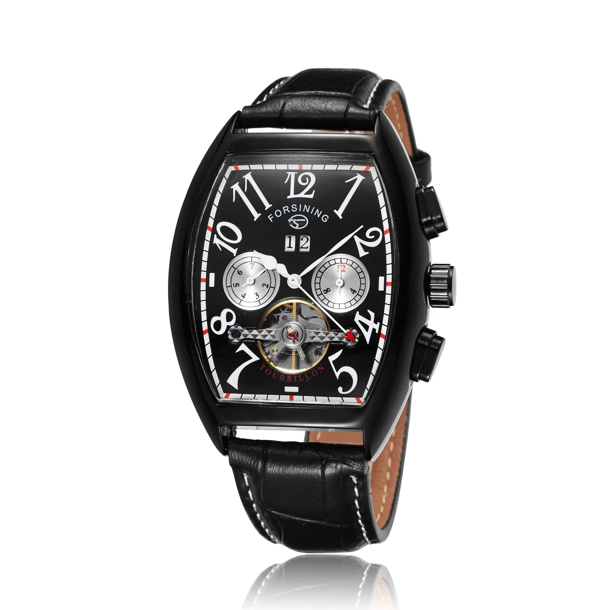 

Forsining Luxury Top Brand Tonneau Men's Mechanical Skeleton Automatic Date Dial Design Chronograph Leather Business Wrist Watch