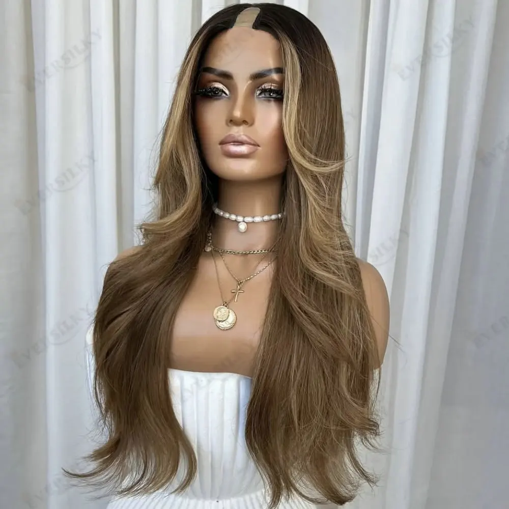 

Dark Roots Dark Ash Blonde Balayage V Part Wig Human Hair for Women Natural Straight Glueless 1x4 U Part Wigs Full Machie Made