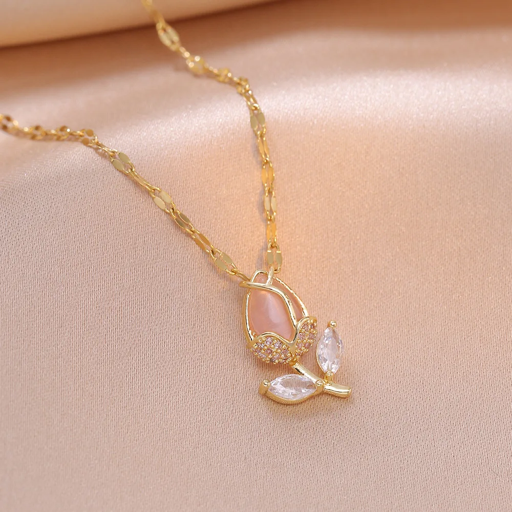 Sweet Romantic Pink Tulip Flower Pendant Necklaces for Women Girls Classic Stainless Steel Chain Jewelry Accessories Gifts