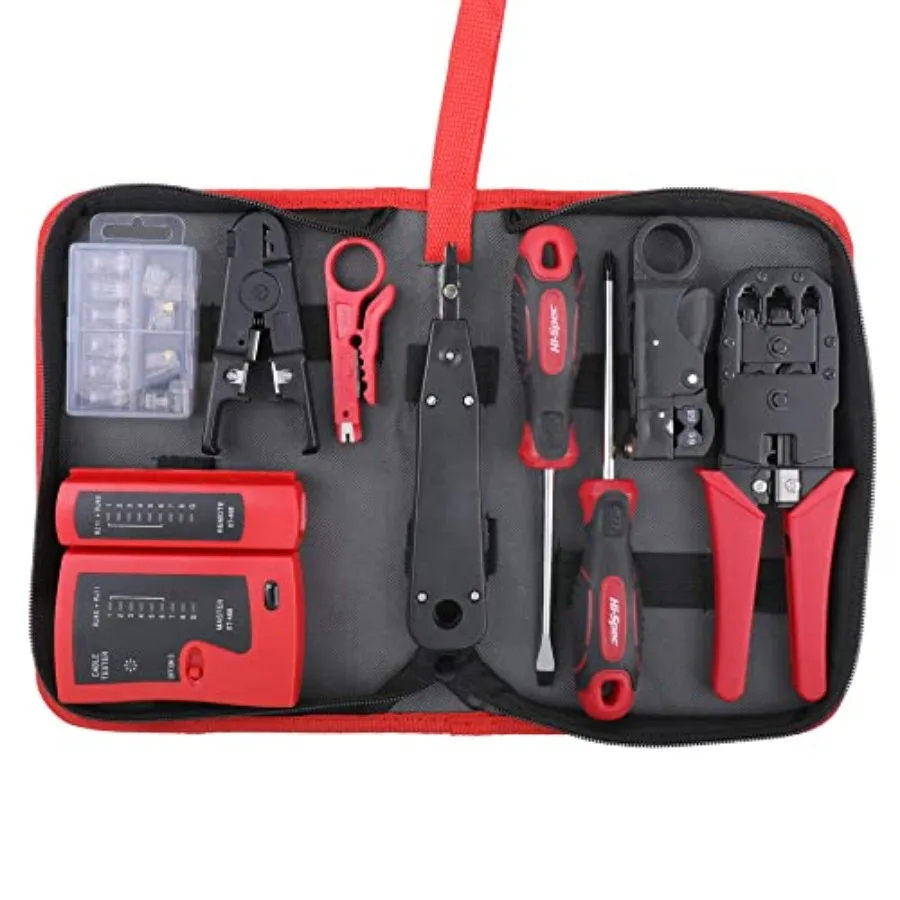 9pc Network Cable Tester Tool Kit Set for CAT5 CAT6 RJ11 RJ45. Ethernet LAN Crimper Punchdown Coax Stripper and More