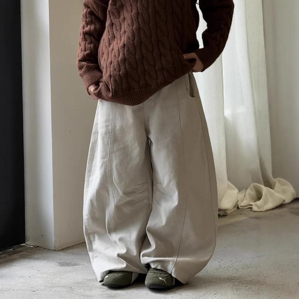 

Autumn 2025 New Children's Clothing Boys' Light Grey Scimitar Wide-Leg Jeans Trousers