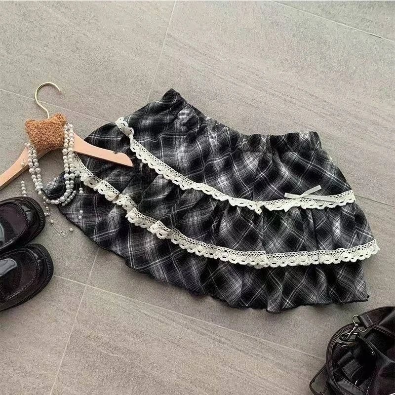 

Осенняя женская винтажная клетчатая рубашка-торт Spicy Girls Harajuku Sweet Y2k Мини-юбка в японском стиле Модная кружевная юбка Шикарная