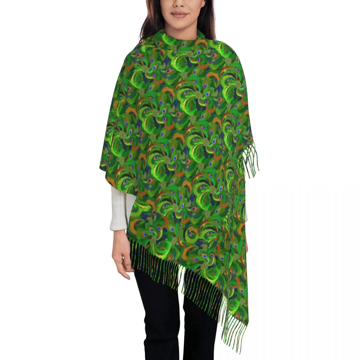 Abstract Peacock Print Scarf Green Retro Feathers Warm Shawls and Wraps with Long Tassel Women Retro Head Scarves Winter Bufanda