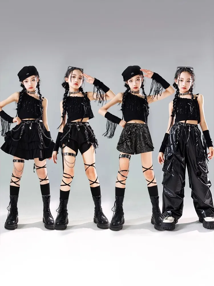 

Kpop Style Jazz Costume Girls Cheerleading Dance Clothes Kids Hip Hop Performance Black Set Festival Concert Stage Outfit L14503