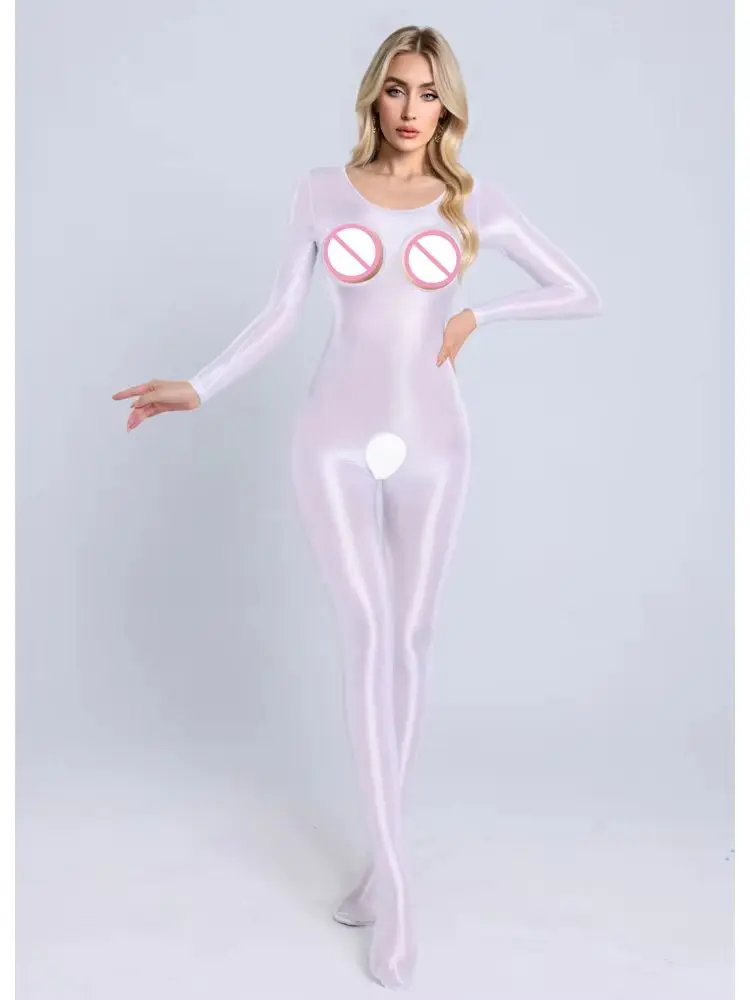M XL Hollow Out Crotchless Nylon Catsuit Bodystocking Shiny Elastic Bodysuit Tights Leotard Conjoined Jumpsuit Unitard Lingerie