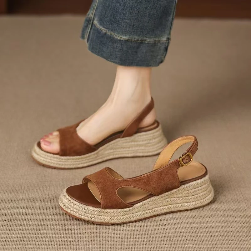 2026 Summer New Women's Wedges One Word Casual Sandals Thick Sole Lightweight Slip On Versatile Loose Commuter Sandals
