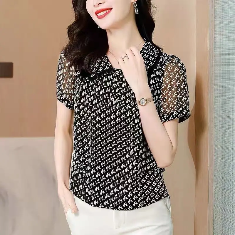 Camisa vintage com colarinho Peter Pan, babados elegantes, camisa emendada, solta, casual, botão estampado, roupa feminina, blusa de manga curta,