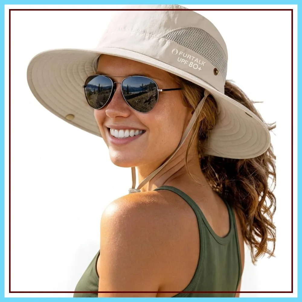 

Womens Sun Hat with Ponytail Hole Beach Hiking Summer Wide Brim UPF 80+ Outdoor Protection Foldable Bucket Hat