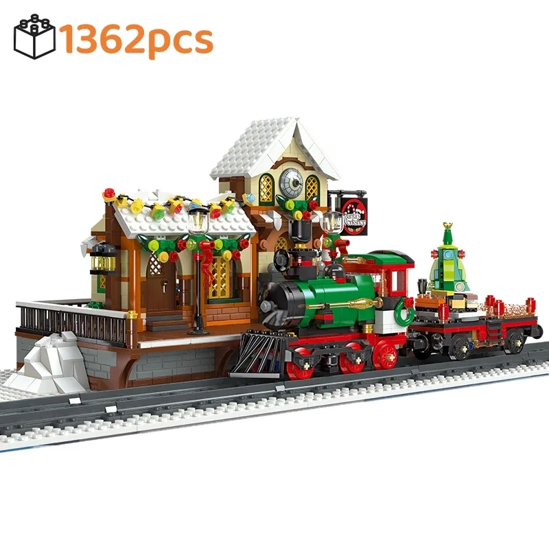 MOC-estación de tren de Navidad creativa, paisaje arquitectónico, bloques de construcción, modelo de ladrillos, montaje, juguetes DIY para niños, regalo de vacaciones