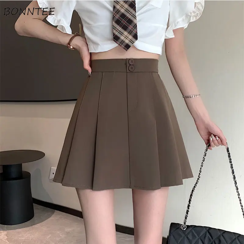 

Mini Skirts Women 3 Colors Pure All-match Preppy Style Casual Stylish Mujer High Waist Summer Simple Design Folds Korean