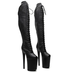 Leecabe  23CM/9inches Snake Upper Women Fashion High Heel Platform Lace Up And OpenToe Thigh High Boots Pole Dance Boot