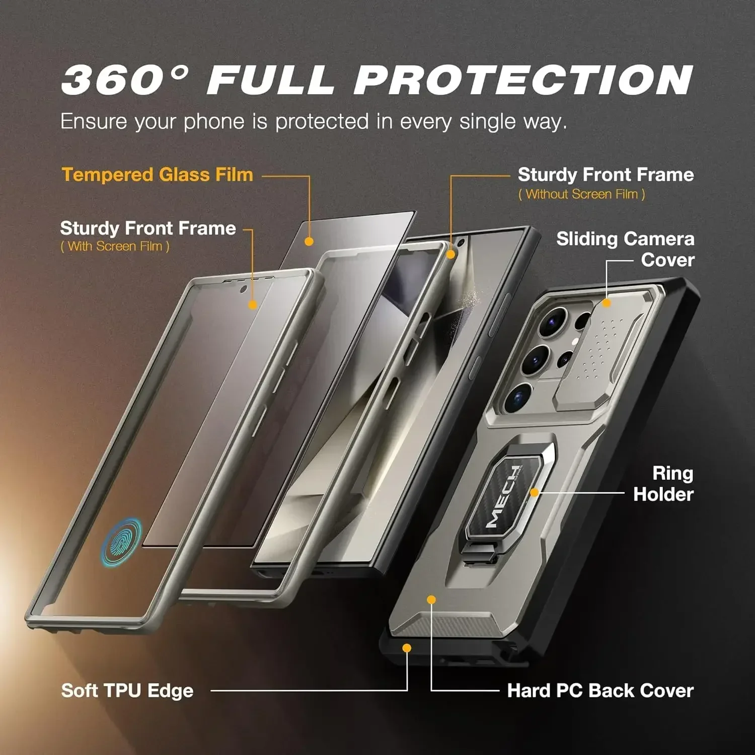 For Samsung Galaxy S24 Ultra Phone Case Bulit-in Slide Camera Cover with Ring stand Military Grade Rugged Shockproof Protection