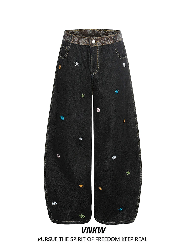 

Американские ретро леопардовые лоскутные джинсы со звездами и вышивкой, мужские свободные широкие брюки, повседневная универсальная рабочая одежда, брюки-ножи