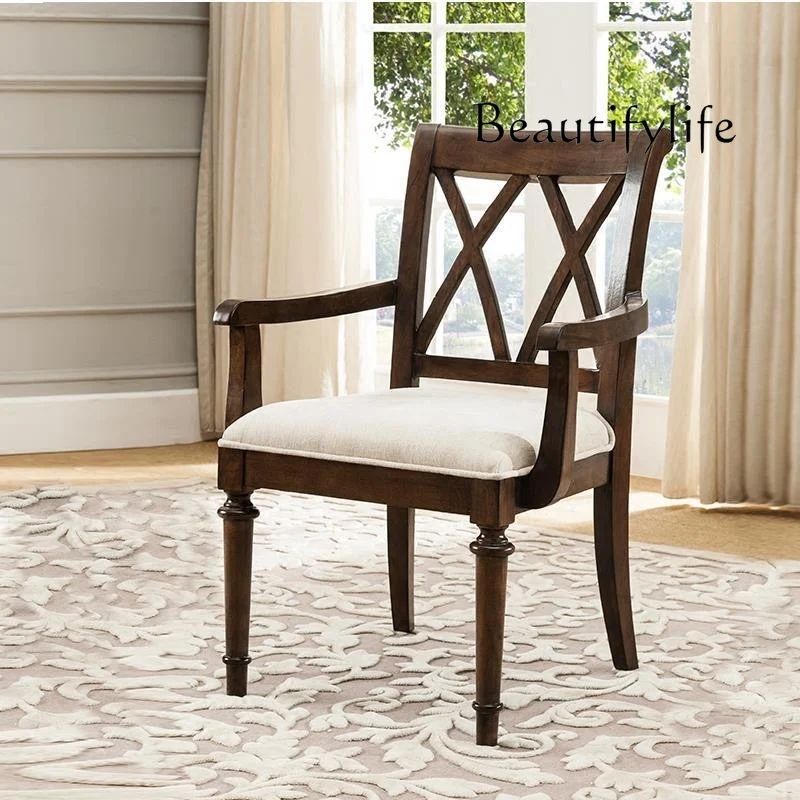 

American Country Solid Wood Computer Chair Home Armrest Office Chair Study Fabric Leisure Dining Chair Designer