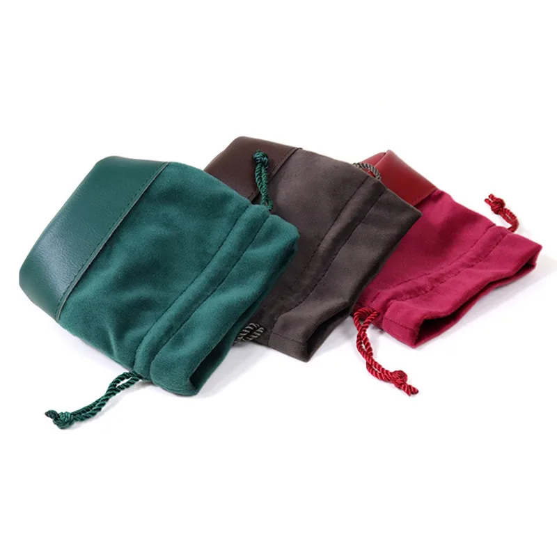 

Leather Spliced Portable Drawstring Jewelry Bag for Rings Stud Earrings Accessories Headphones and Small Items Storage Bag