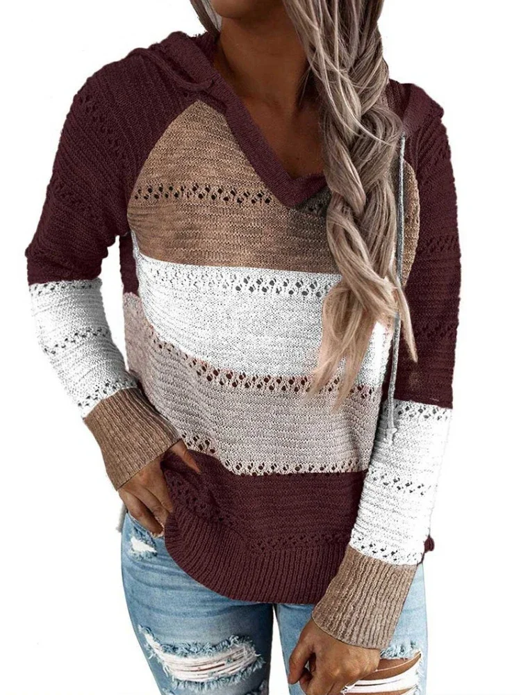 Women Patchwork Hooded Sweater Casual Long Sleeve Knitted Sweater Top Striped Elegant Pullover Jumpers Autumn Winter Plus Size