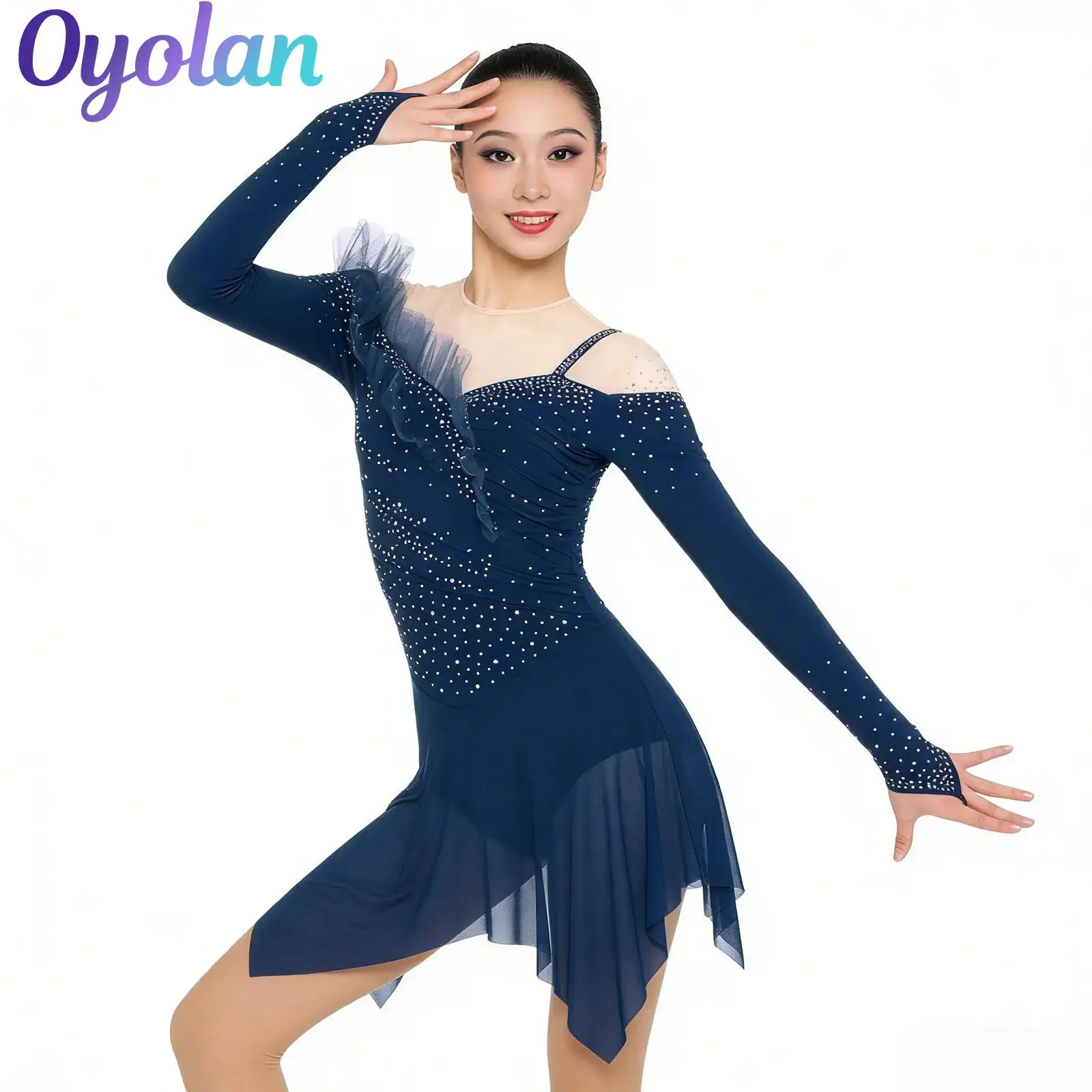 

Женский костюм для гимнастики, фигурного катания, балета, лирических и латиноамериканских танцев с рюшами, тюлевыми вставками и сетчатым подолом, украшенный стразами, боди-платье