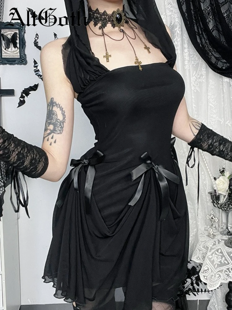 

AltGoth Fairycore Grunge Gothic Dress Women Vintage Elegant Y2k Bow Patchwork High Waist Dress Aesthetic Sweet Partywear Dress