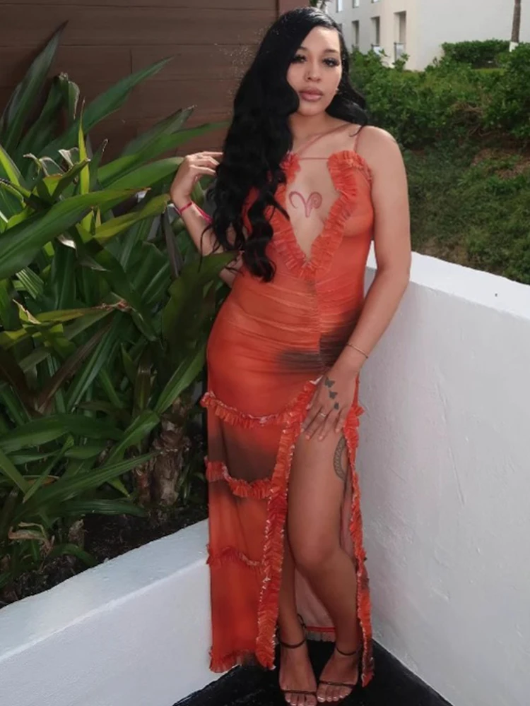 

Long Dress Summer Woman Sexy Elegant Red Bodycon Dress with Open Neck Party Wear Trendy Halter Neck Long Side Slit Dress