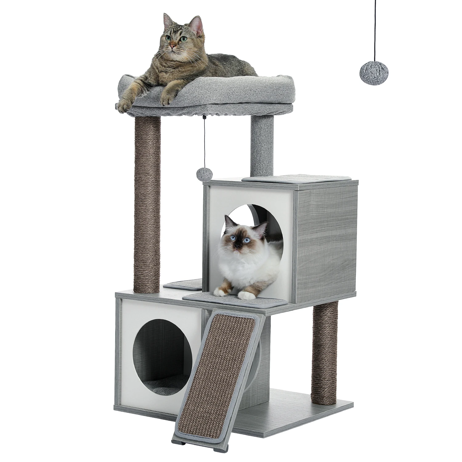 Arbre à chat en bois 35 avec double condos, perchoir spacieux, entièrement enveloppé, griffoirs en sisal