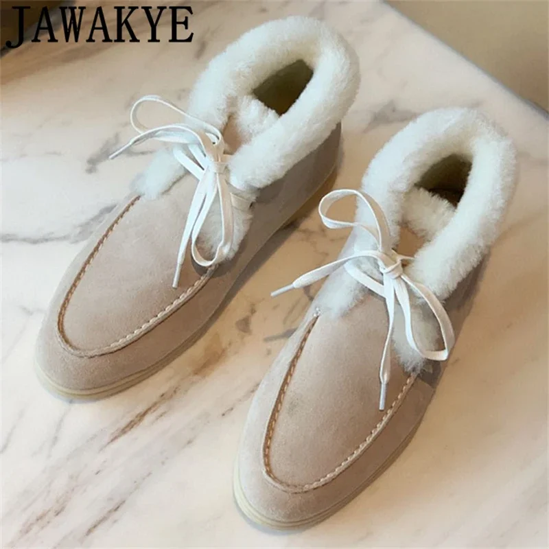 

Winter Suede Lace Up Wool Boots Women Round Toe Flats Snow Boots Casual Natural Fur Shoes Ladies Comfort Warm Ankle Botas Mujer