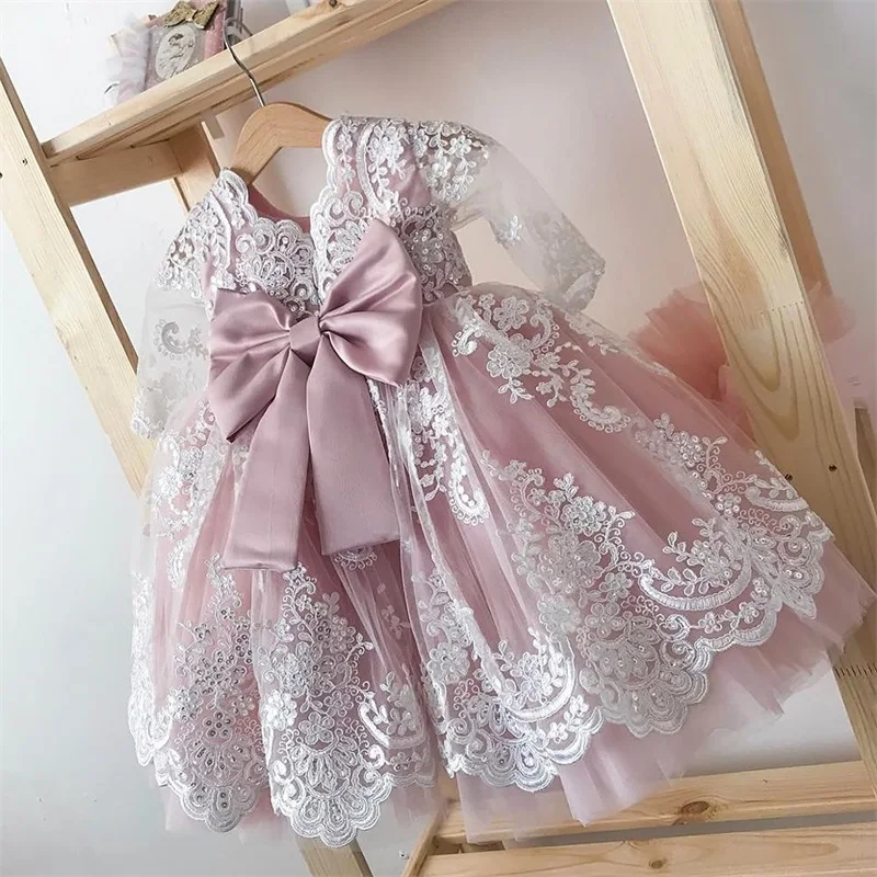 Baby Girl Mesh Flower Embroidered Princess Purple Gown Wedding Bridesmaid Flower Girl Dress Birthday Evening Party Big Bow Dress