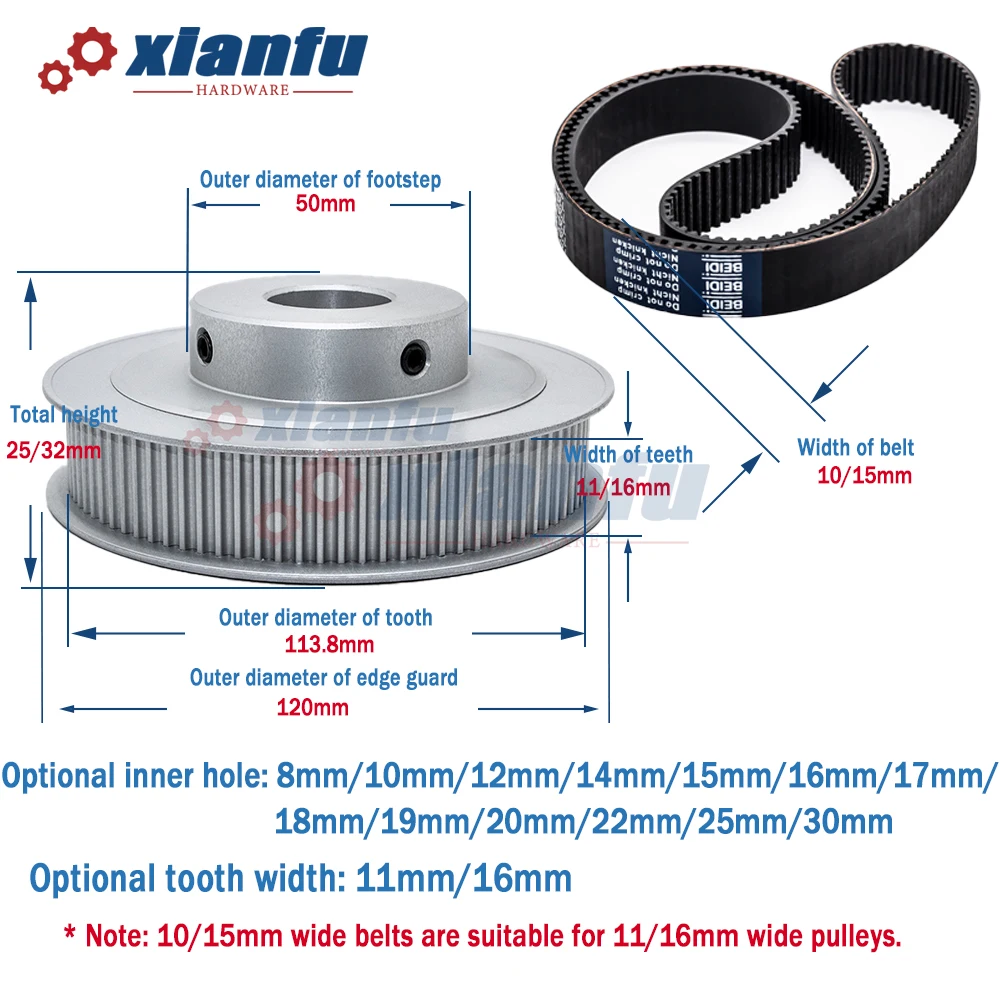 Imagem -02 - Dentes bf Alumínio Correia Dentada Polia 3m Furo 10 12 14 15 16 18 20 22 25 28 mm Roda Htd 120 t 10 15 mm Htd3m 120